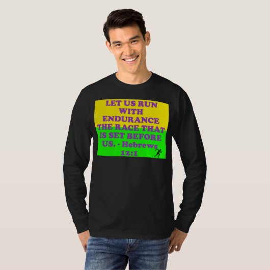 Bijbelvers uit Hebreeuws 12:1. T-shirt (Voorkant volledig)