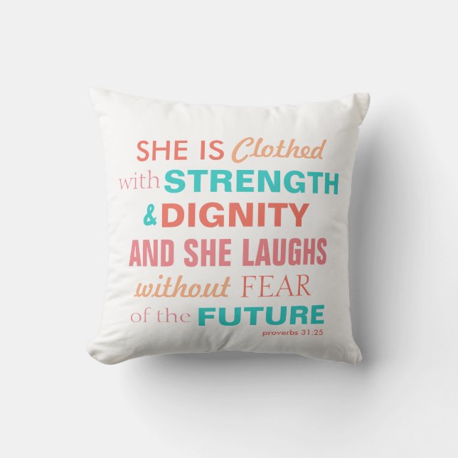 Bijbelverse Proverbs 31:25 Pillow Pink Coral Aqua Kussen (Voorkant)