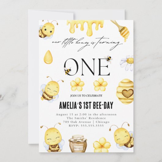 Bijen 1e verjaardag uitnodiging (Voorkant)