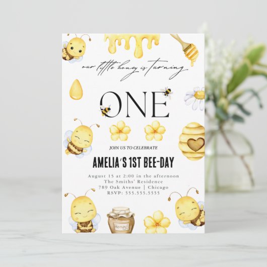 Bijen 1e verjaardag uitnodiging (Staand voorkant)