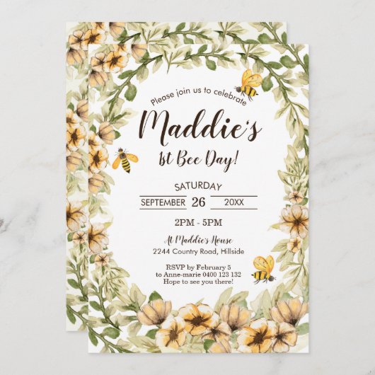 Bijen 1e verjaardag uitnodiging 1e bijendag honing (Voorkant / Achterkant)