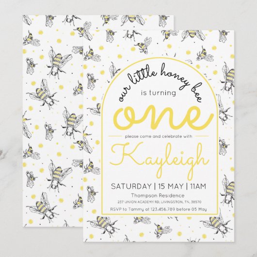 Bijen 1e verjaardag uitnodiging voor honingbijen (Voorkant / Achterkant)