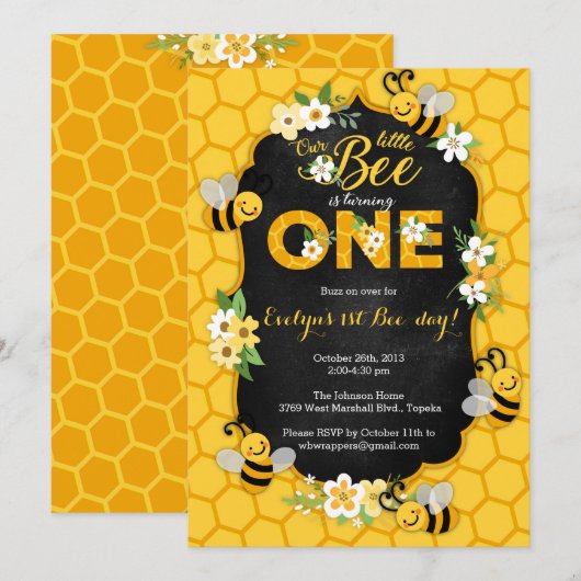 Bijen 1e verjaardagsfeest uitnodiging - Bijen Verj (Voorkant / Achterkant)