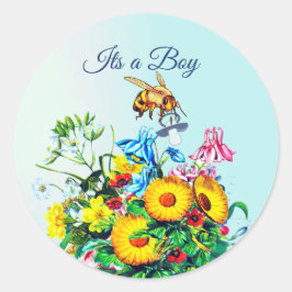 Bijen Baby shower Blauwe Bloemen Fopspeen Ronde Sticker