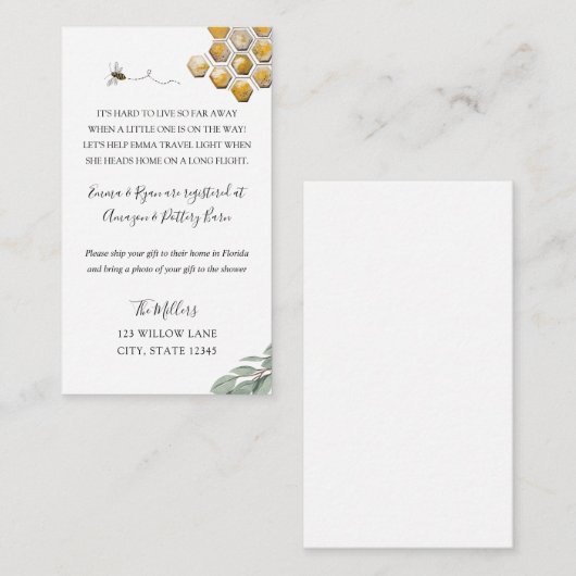 Bijen baby shower over lange afstand informatiekaartje (Voorkant / Achterkant)