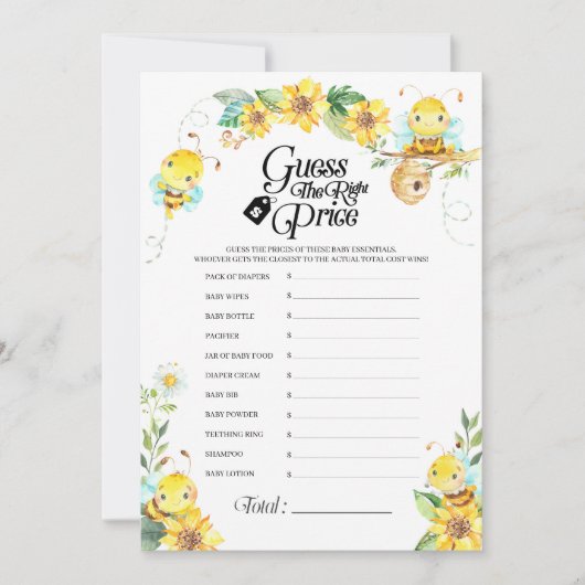 Bijen Baby Shower Prijs Spel Kaart (Voorkant)