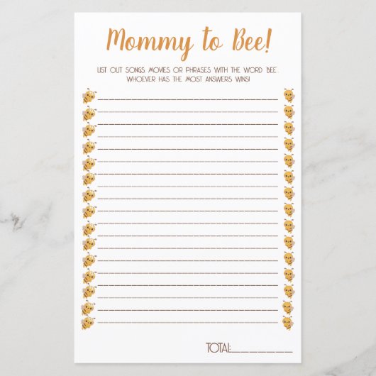 Bijen Baby shower Spel. Films, liedjes, zinnen. (Voorkant)