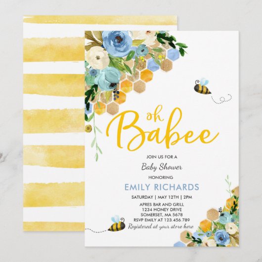 Bijen Baby shower Uitnodiging Floral Babee Shower (Voorkant / Achterkant)