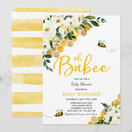 Bijen Baby shower Uitnodiging Floral Babee Shower (Voorkant / Achterkant)