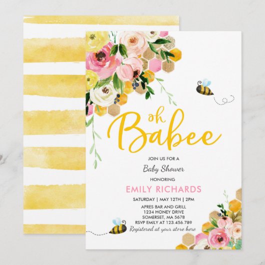 Bijen Baby shower Uitnodiging Floral Babee Shower (Voorkant / Achterkant)