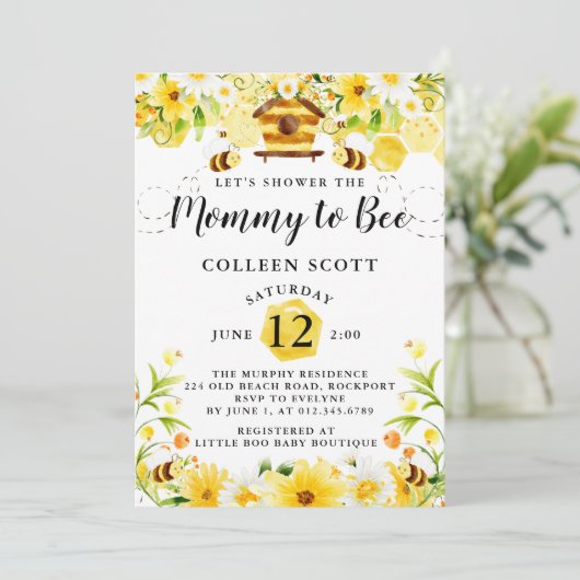 Bijen Baby shower Uitnodiging Gele mammie om te wo (Staand voorkant)