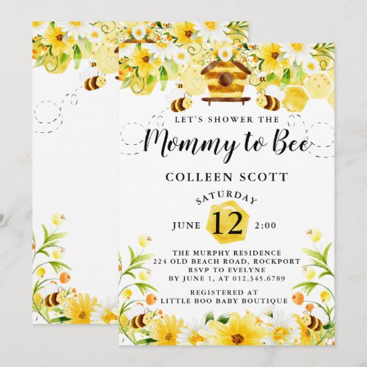 Bijen Baby shower Uitnodiging Gele mammie om te wo (Voorkant / Achterkant)