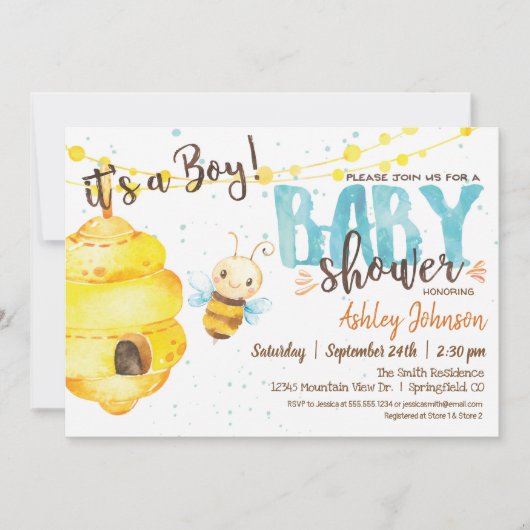 Bijen Baby shower uitnodiging, jongen Kaart (Voorkant)