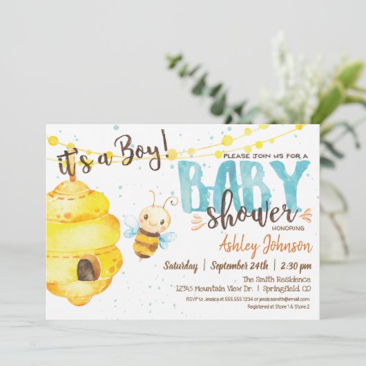 Bijen Baby shower uitnodiging, jongen Kaart (Staand voorkant)