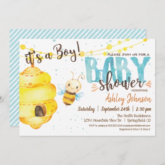 Bijen Baby shower uitnodiging, jongen Kaart (Voorkant / Achterkant)