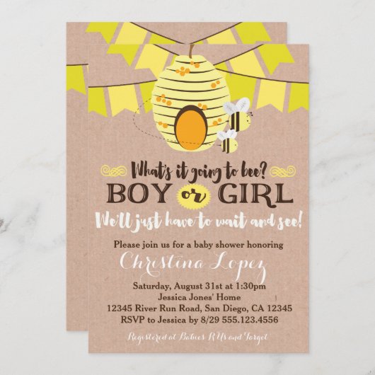 Bijen Baby shower Uitnodiging of Gender Reveal Par (Voorkant / Achterkant)