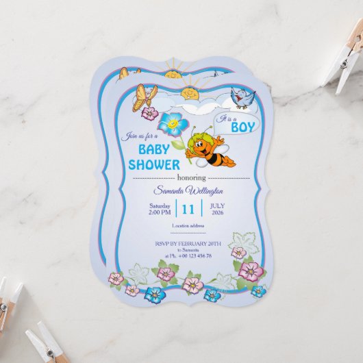 Bijen baby shower uitnodiging voor jongen (Voorkant / Achterkant in situ)