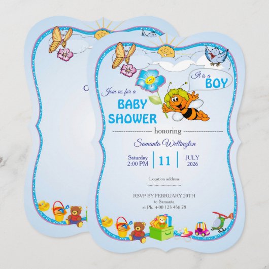 Bijen babyshower uitnodiging voor jongen (Voorkant / Achterkant)