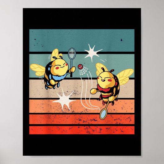 Bijen Badminton Dynamische Cartoonachtige Kunstwer Poster (Voorkant)