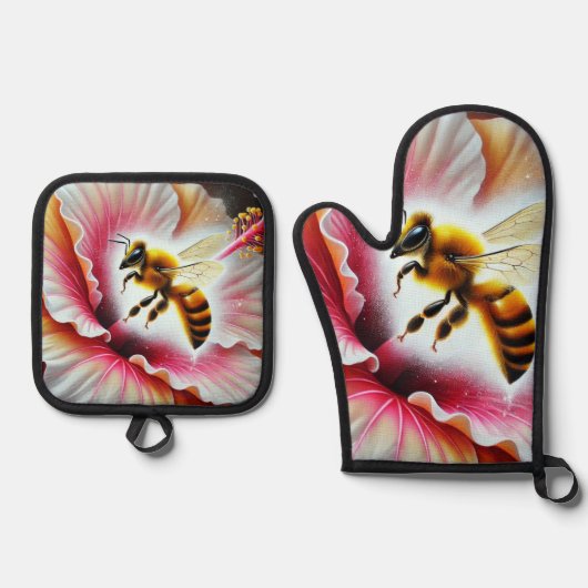 Bijen bestuiven een bloeiende hibiscusbloem ovenwant & pannenlap set (Voorkant)