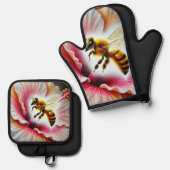 Bijen bestuiven een bloeiende hibiscusbloem ovenwant & pannenlap set (Voorkant / Achterkant)