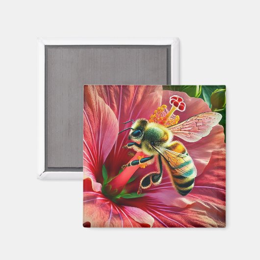 Bijen bestuiven een levendige hibiscusbloem magneet (Voorkant / Achterkant)