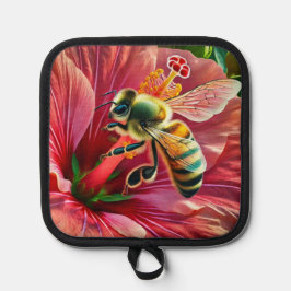 Bijen bestuiven een levendige hibiscusbloem pannenlap