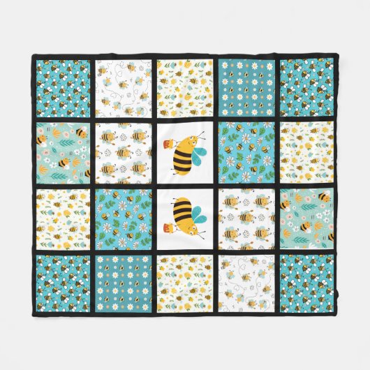 Bijen & Blauwe Quilt Fleece Deken (Voorkant (Horizontaal))
