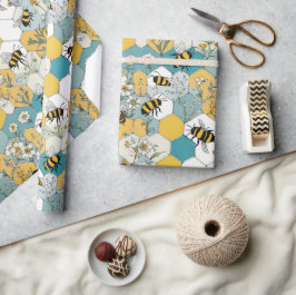 Bijen Bloemen Honingraat Patroon met Daisies Cadeaupapier