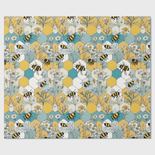 Bijen Bloemen Honingraat Patroon met Daisies Cadeaupapier (Vlak)