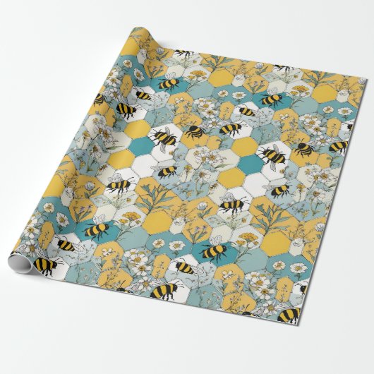 Bijen Bloemen Honingraat Patroon met Daisies Cadeaupapier (Uitgerold)