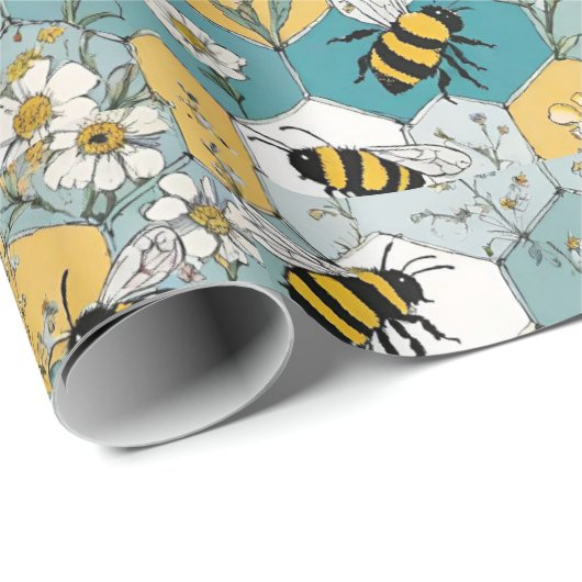 Bijen Bloemen Honingraat Patroon met Daisies Cadeaupapier (Rol Hoek)