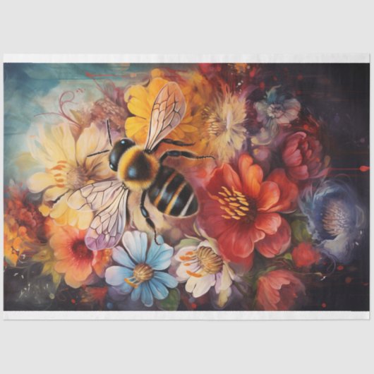 Bijen Bloemen Levendige Kleuren Decoupage Papier (Voorkant)