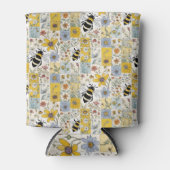 Bijen Bloemen Patchwork Geel en Blauw Blikjeskoeler (Voorkant)