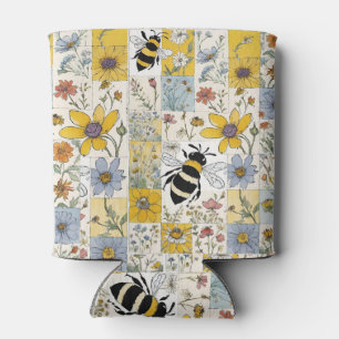 Bijen Bloemen Patchwork Geel en Blauw Blikjeskoeler