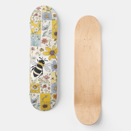 Bijen  Bloemen Patchwork Geel en blauw Persoonlijk Skateboard (Voorkant)