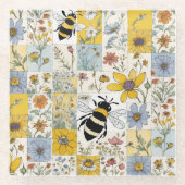 Bijen Bloemen Patchwork in Blauw en Geel Glazen Onderzetter (Voorkant)