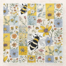 Bijen Bloemen Patchwork in Blauw en Geel Glazen Onderzetter