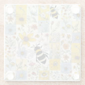 Bijen Bloemen Patchwork in Blauw en Geel Glazen Onderzetter (Achterkant)