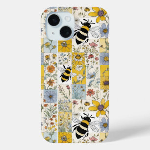  Bijen Bloemen Patchwork in Blues en Yellows iPhone 15 Case