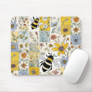 Bijen Bloemen Patchwork in Blues en Yellows Muismat