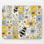 Bijen Bloemen Patchwork in Blues en Yellows Muismat (Voorkant)