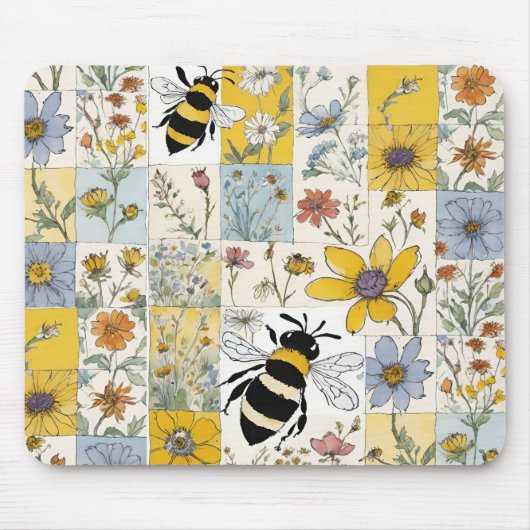 Bijen Bloemen Patchwork in Blues en Yellows Muismat (Voorkant)