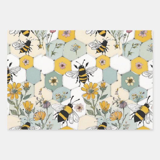 Bijen Bloemen Wrapping Papier Platte Blad Set van Inpakpapier Vel (Voorkant 2)
