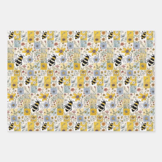 Bijen Bloemen Wrapping Papier Platte Blad Set van  Inpakpapier Vel (Voorkant)