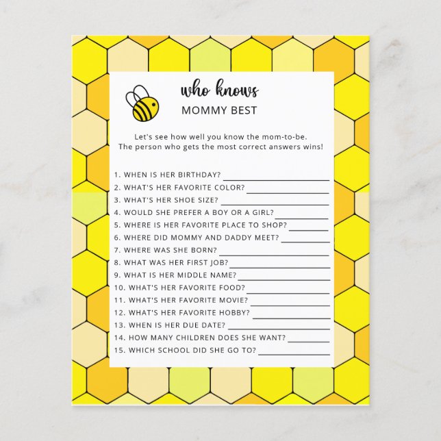 Bijen bloemige babyshower, Wie kent mama het beste (Voorkant)