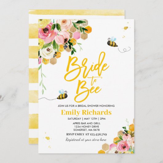 Bijen Bruids Douche Uitnodiging Bloemenbruid om bi (Voorkant / Achterkant)