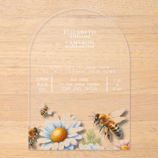 Bijen bruiloft Waterverf Wildflowers Acryl Uitnodigingen (Voorkant)