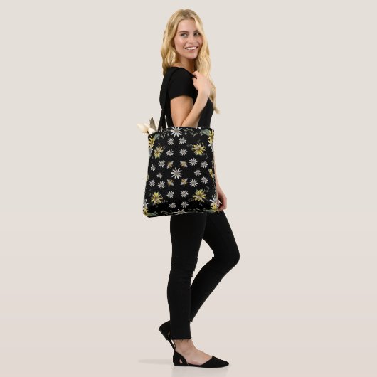 Bijen Canvas tas - Bloemen Tas - Zwart en Geel (Op model)