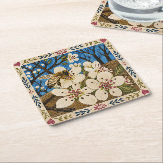 Bijen Coaster Set - Bij op perenbloesem Volkskunst Kartonnen Onderzetters